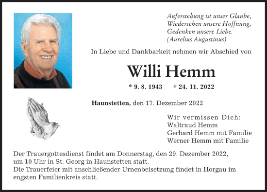 Traueranzeigen von Willi Hemm | Augsburger Allgemeine Zeitung