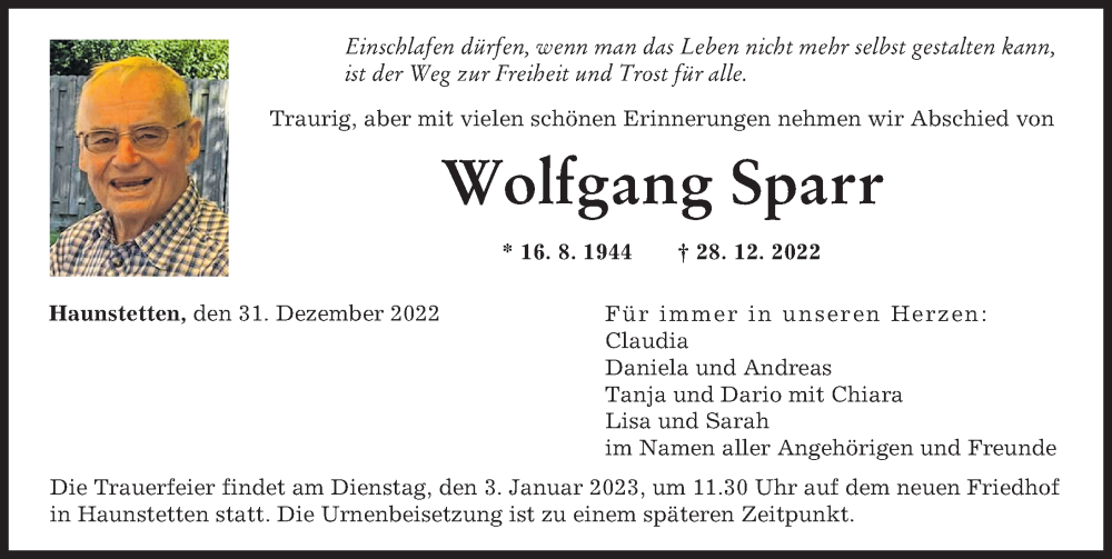 Traueranzeige von Wolfgang Sparr von Augsburger Allgemeine