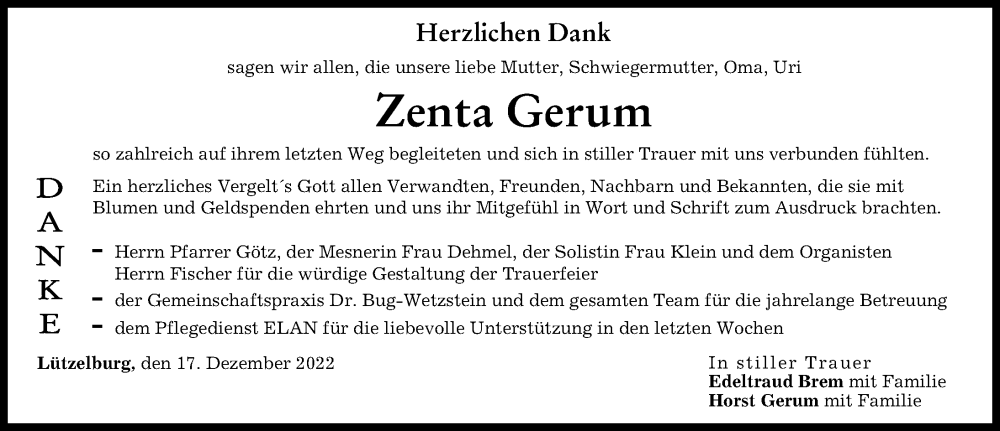  Traueranzeige für Zenta Gerum vom 17.12.2022 aus Augsburg-Land