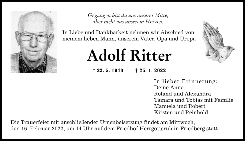  Traueranzeige für Adolf Ritter vom 12.02.2022 aus Friedberger Allgemeine, Augsburger Allgemeine