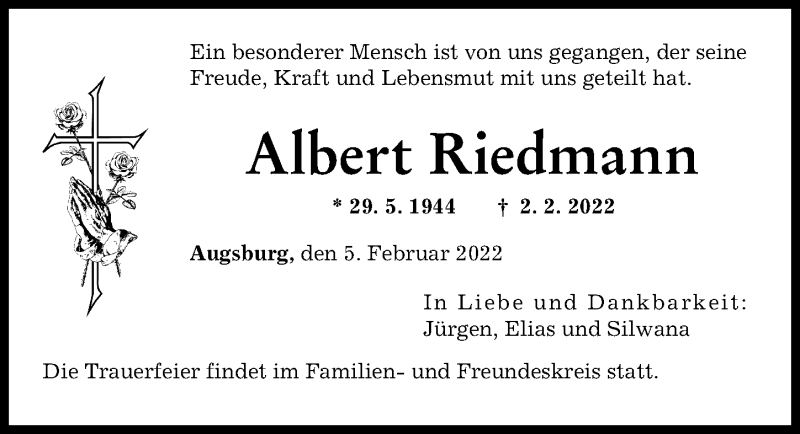 Traueranzeige von Albert Riedmann von Augsburger Allgemeine