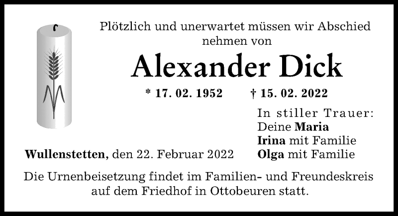 Traueranzeige von Alexander Dick von Neu-Ulmer Zeitung
