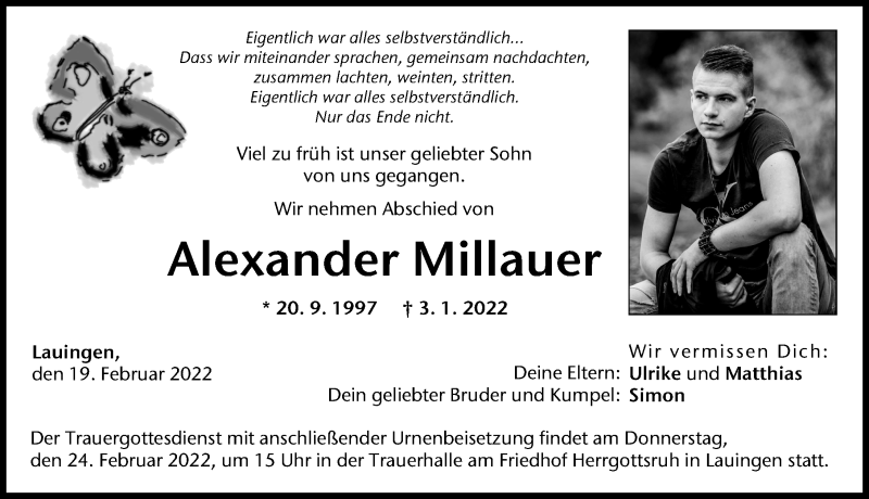  Traueranzeige für Alexander Millauer vom 19.02.2022 aus Donau Zeitung