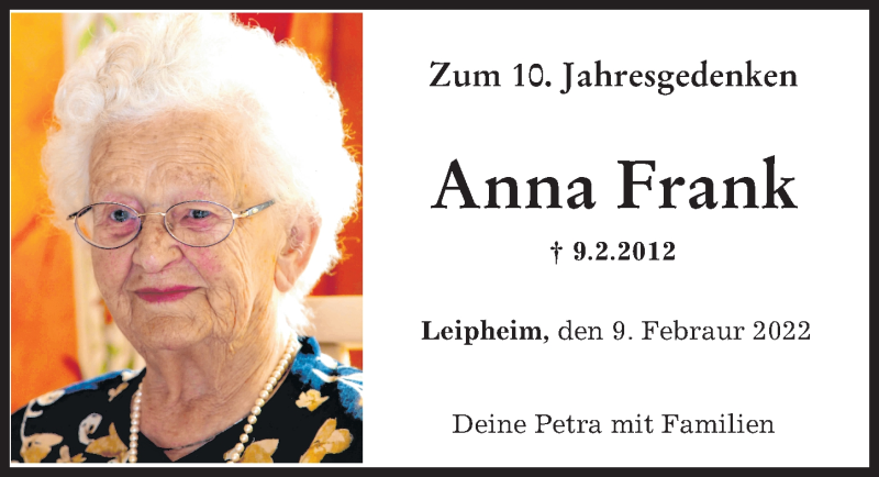 Traueranzeige von Anna Frank von Günzburger Zeitung