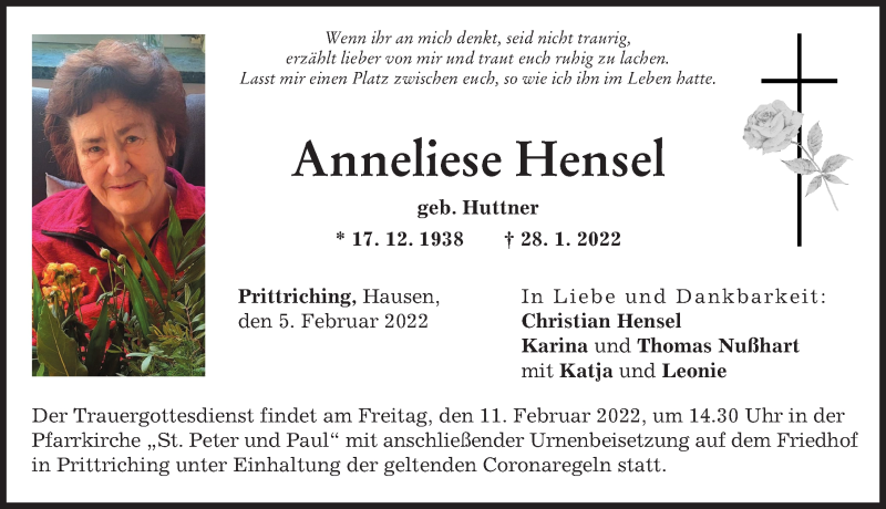  Traueranzeige für Anneliese Hensel vom 05.02.2022 aus Landsberger Tagblatt