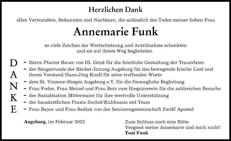 Traueranzeige von Annemarie Funk von Augsburger Allgemeine