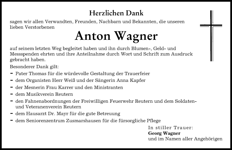 Traueranzeige von Anton Wagner von Augsburg-Land