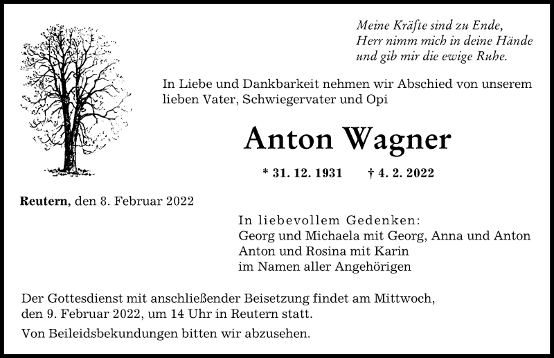 Traueranzeige von Anton Wagner von Augsburger Allgemeine