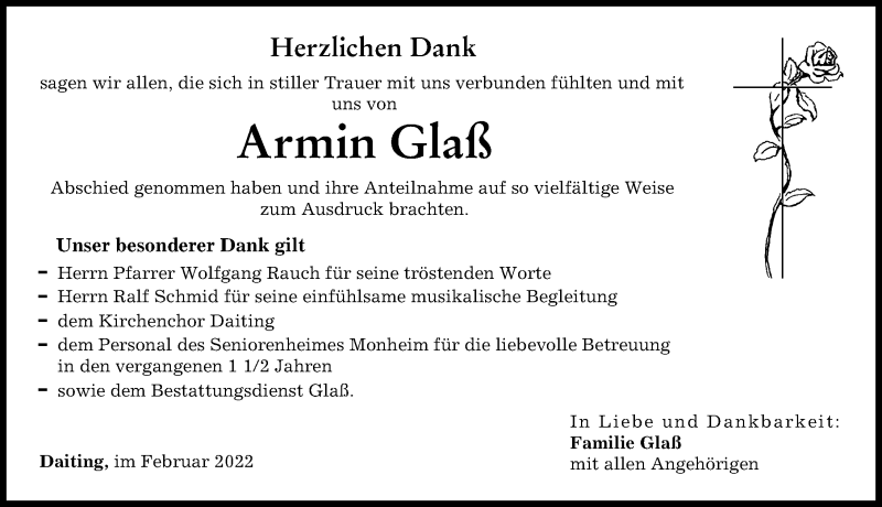  Traueranzeige für Armin Glaß vom 17.02.2022 aus Donauwörther Zeitung