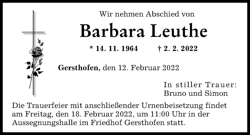 Traueranzeige von Barbara Leuthe von Augsburger Allgemeine