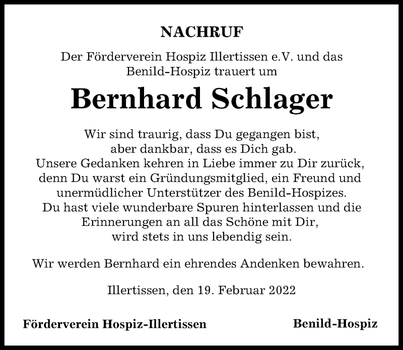 Traueranzeige von Bernhard Schlager von Illertisser Zeitung, Neu-Ulmer Zeitung, Günzburger Zeitung