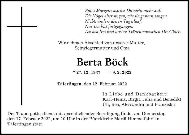  Traueranzeige für Berta Böck vom 12.02.2022 aus Augsburger Allgemeine