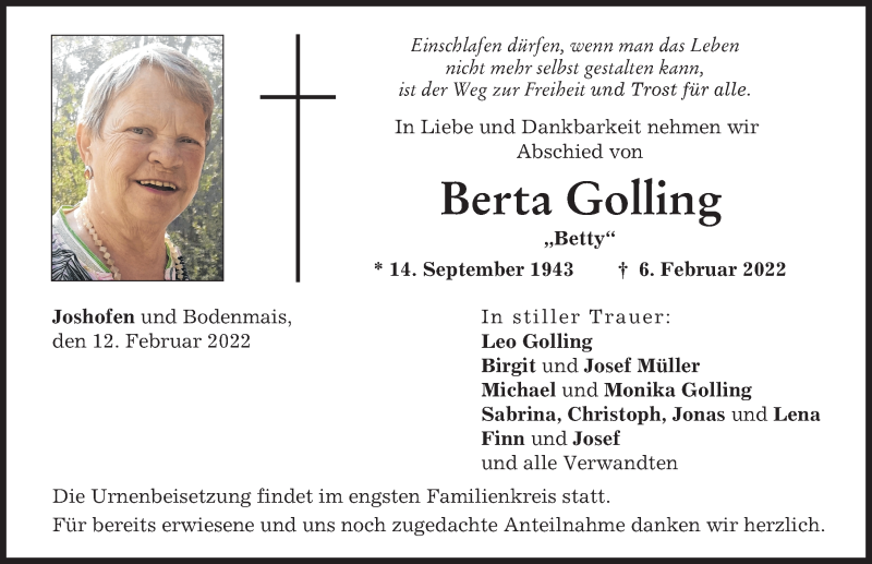  Traueranzeige für Berta Golling vom 12.02.2022 aus Neuburger Rundschau