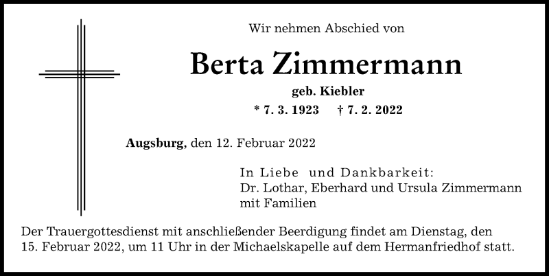 Traueranzeige von Berta Zimmermann von Augsburger Allgemeine