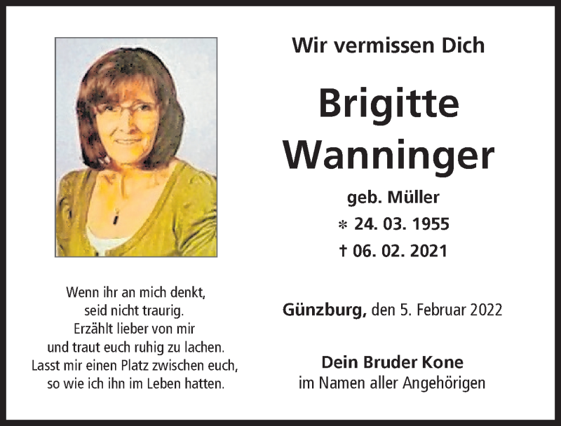 Traueranzeige von Brigitte Wanninger von Günzburger Zeitung
