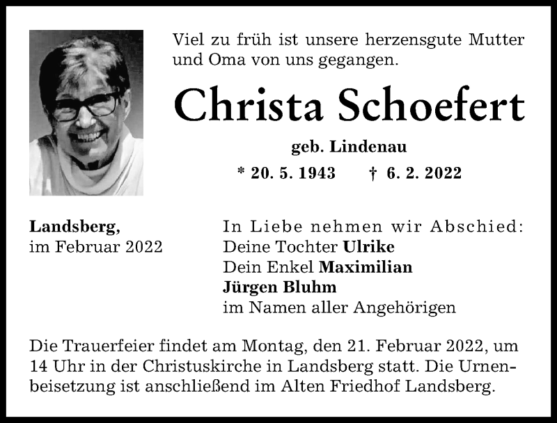  Traueranzeige für Christa Schoefert vom 17.02.2022 aus Landsberger Tagblatt