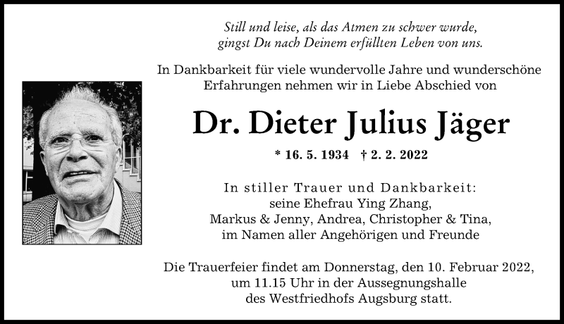 Traueranzeige von Dieter Julius Jäger von Augsburger Allgemeine