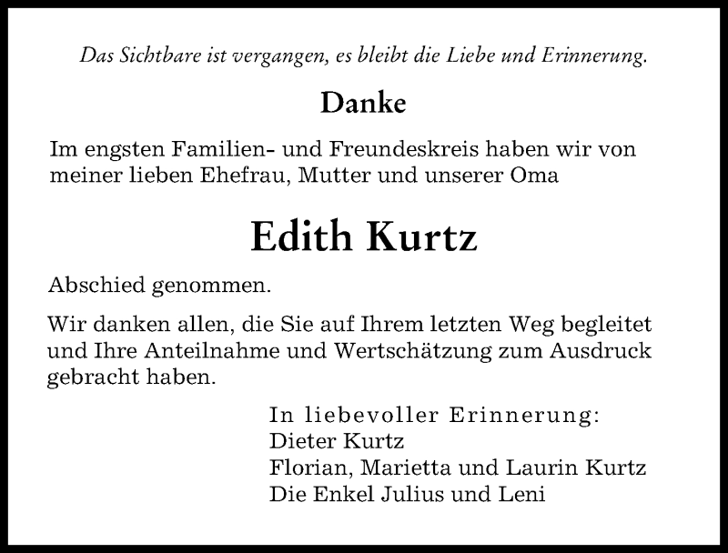 Traueranzeige von Edith Kurtz von Augsburger Allgemeine