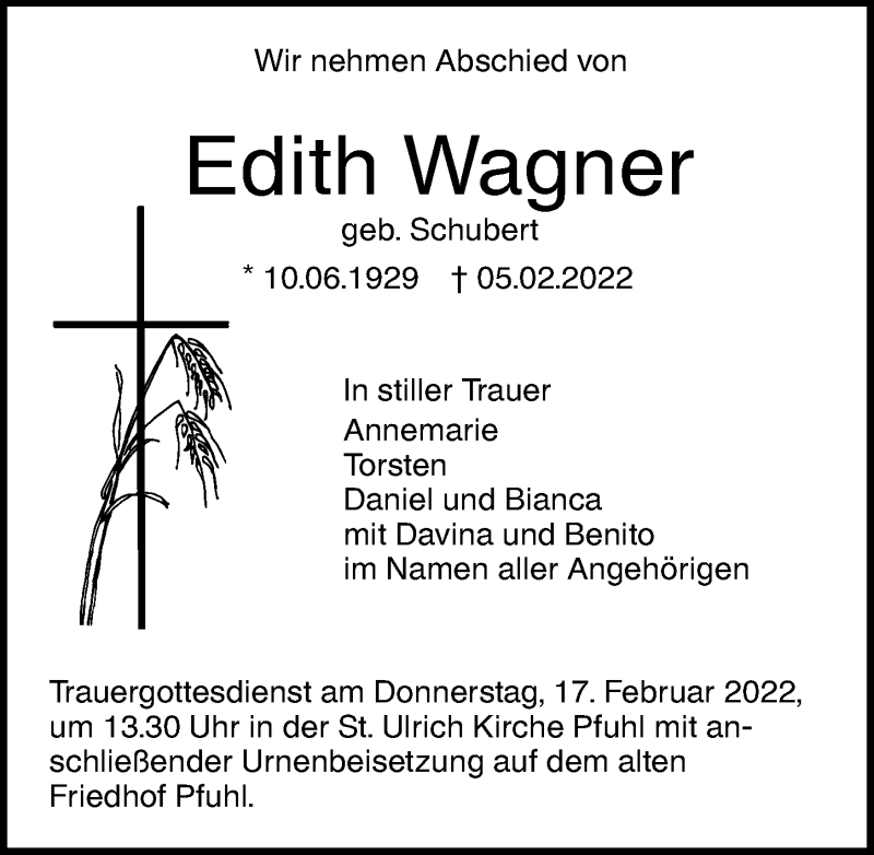 Traueranzeige von Edith Wagner von Augsburger Allgemeine, Neu-Ulmer Zeitung