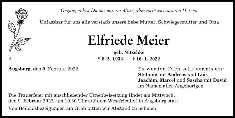 Traueranzeige von Elfriede Meier von Augsburger Allgemeine