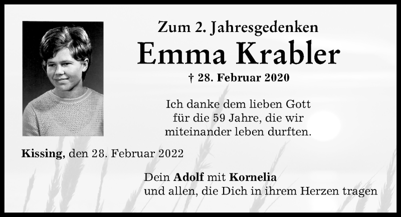 Traueranzeige von Emma Krabler von Donauwörther Zeitung, Friedberger Allgemeine, Augsburger Allgemeine