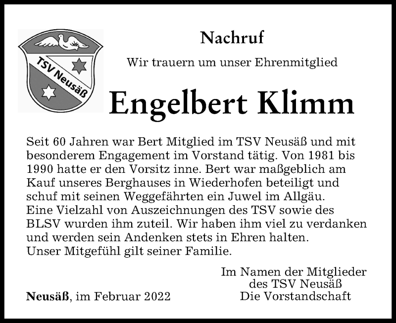  Traueranzeige für Engelbert Klimm vom 26.02.2022 aus Augsburg-Land