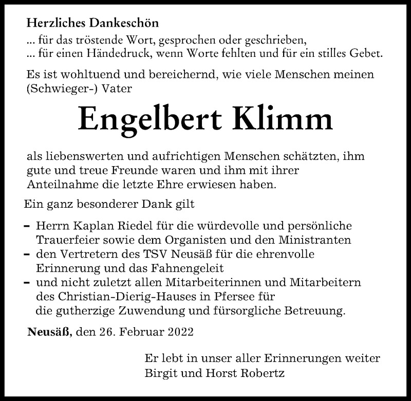  Traueranzeige für Engelbert Klimm vom 26.02.2022 aus Augsburger Allgemeine