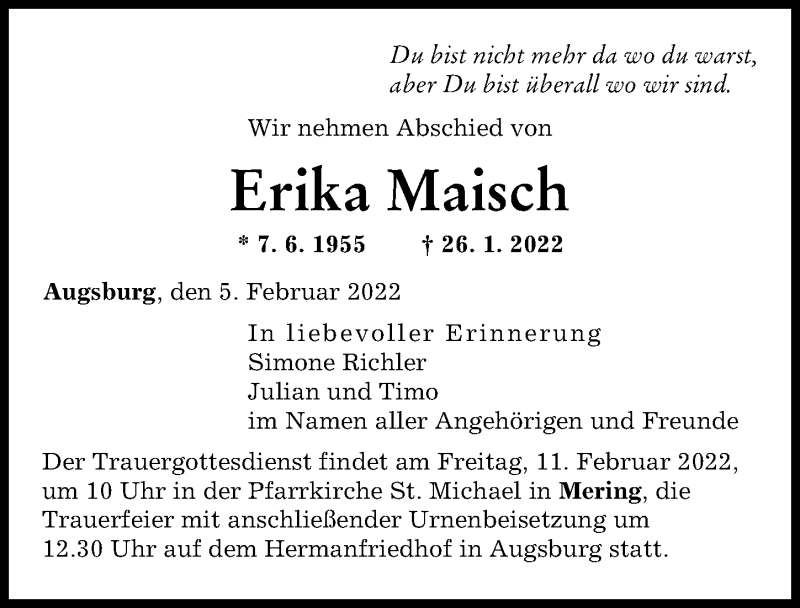 Traueranzeige von Erika Maisch von Augsburger Allgemeine