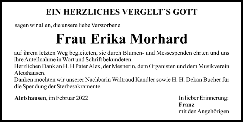 Traueranzeige von Erika Morhard von Mittelschwäbische Nachrichten