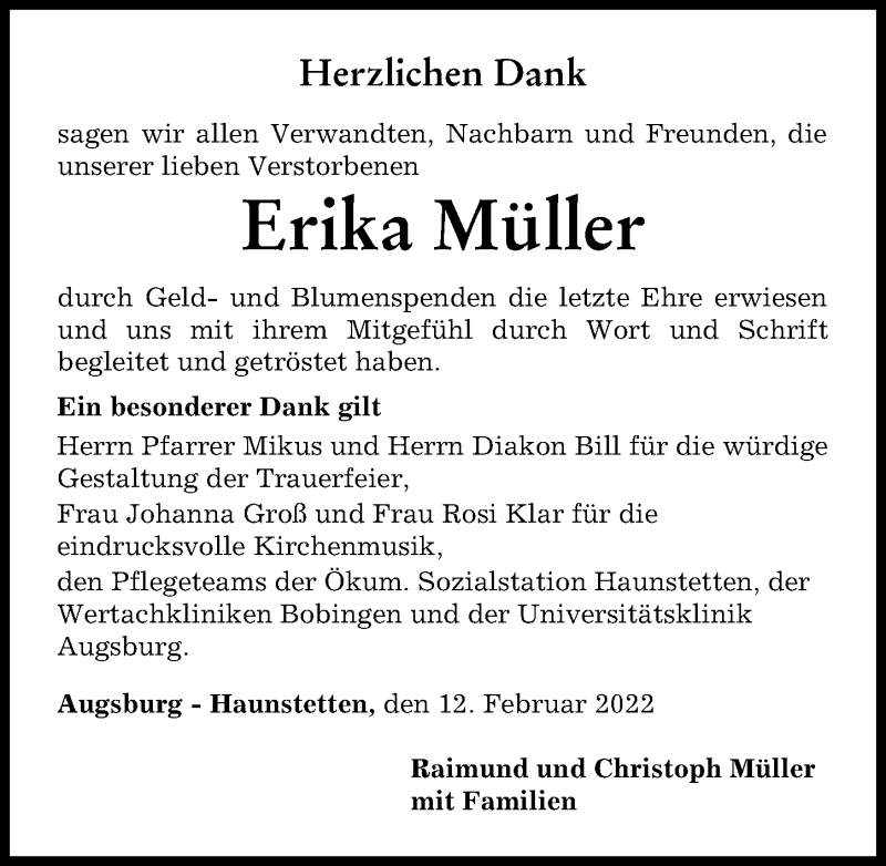 Traueranzeige von Erika Müller von Augsburger Allgemeine