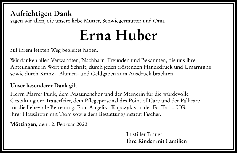 Traueranzeige von Erna Huber von Rieser Nachrichten