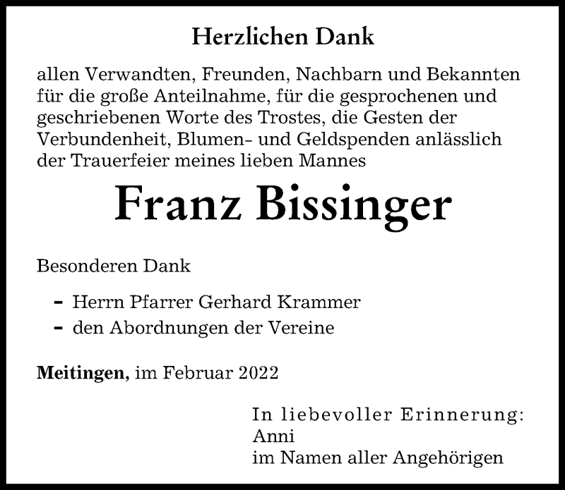 Traueranzeige von Franz Bissinger von Augsburg-Land