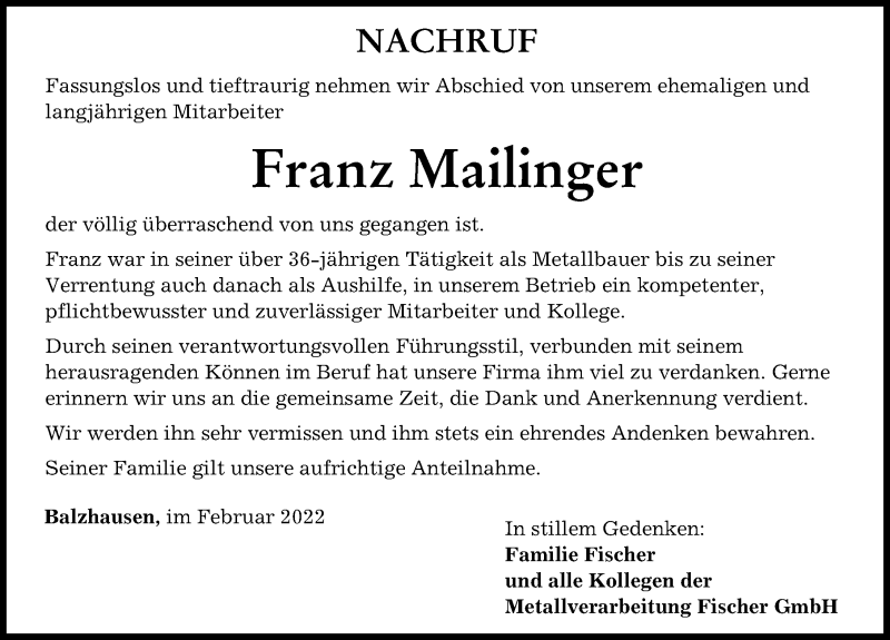 Traueranzeige von Franz Mailinger von Mittelschwäbische Nachrichten