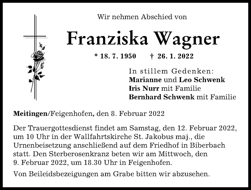 Traueranzeige von Franziska Wagner von Augsburg-Land