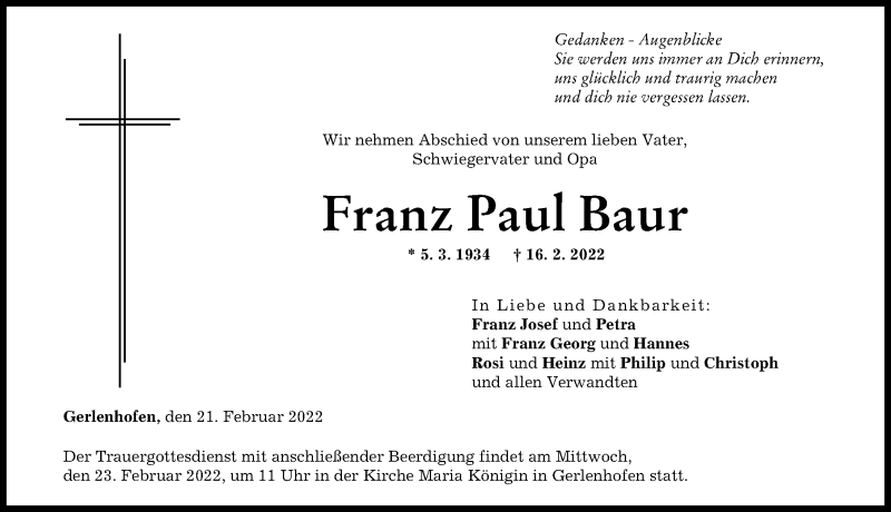 Traueranzeige von Franz Paul Baur von Neu-Ulmer Zeitung