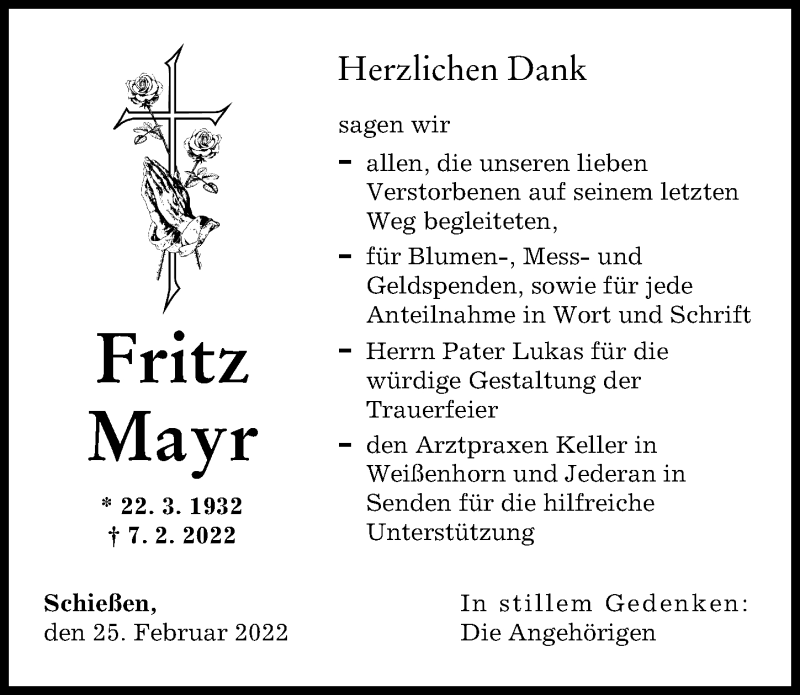 Traueranzeigen Von Fritz Mayr Augsburger Allgemeine Zeitung