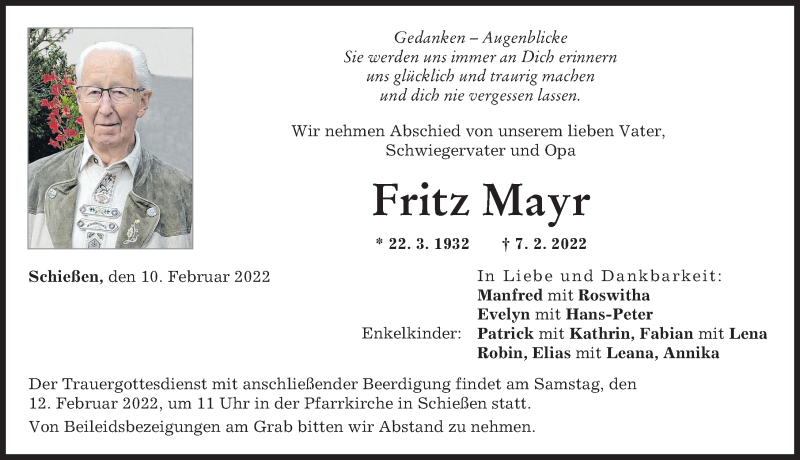 Traueranzeige von Fritz Mayr von Neu-Ulmer Zeitung