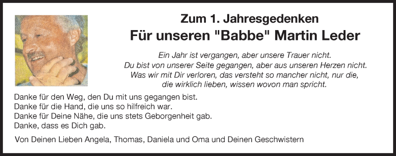 Traueranzeige von Für unseren Babbe Martin Leder von Donau Zeitung, Günzburger Zeitung