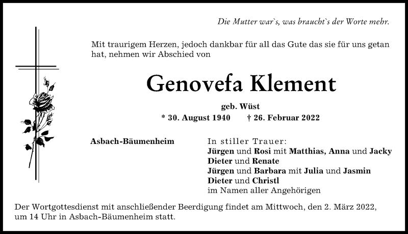  Traueranzeige für Genovefa Klement vom 28.02.2022 aus Donauwörther Zeitung