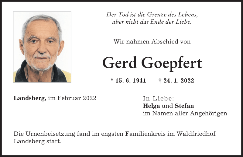  Traueranzeige für Gerd Goepfert vom 09.02.2022 aus Landsberger Tagblatt