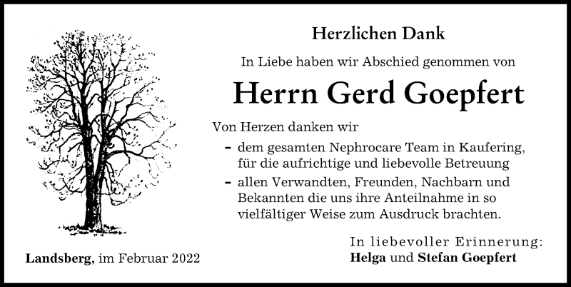 Traueranzeige für Gerd Goepfert vom 26.02.2022 aus Landsberger Tagblatt