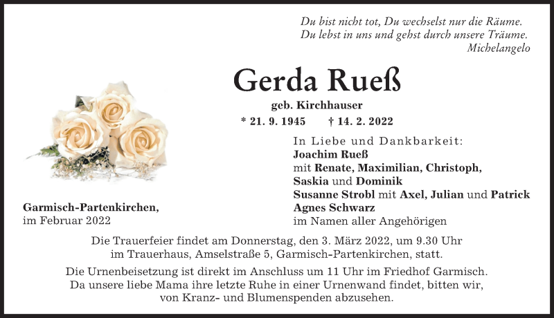Traueranzeige von Gerda Rueß von Neu-Ulmer Zeitung