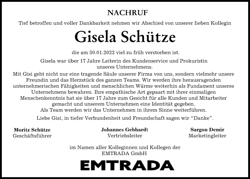 Traueranzeigen Von Gisela Schütze Augsburger Allgemeine Zeitung