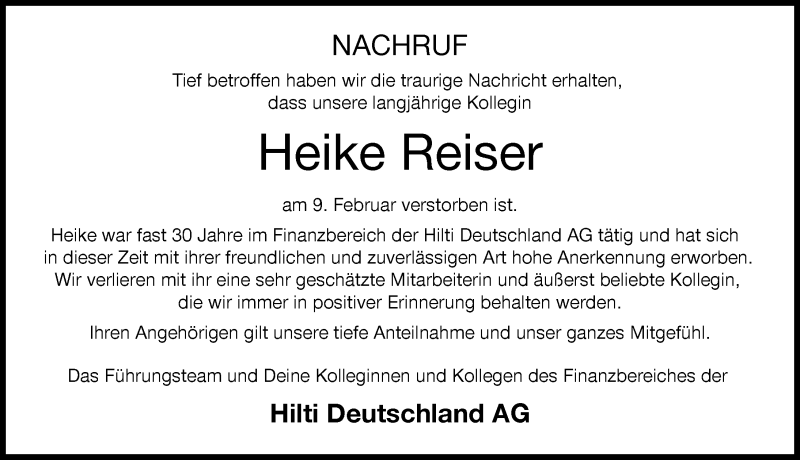  Traueranzeige für Heike Reiser vom 18.02.2022 aus Landsberger Tagblatt