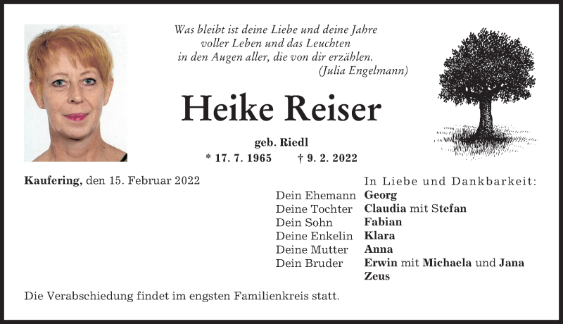  Traueranzeige für Heike Reiser vom 15.02.2022 aus Landsberger Tagblatt