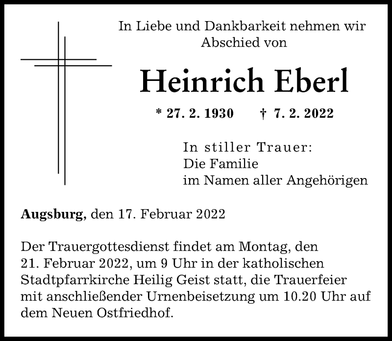 Traueranzeige von Heinrich Eberl von Augsburger Allgemeine