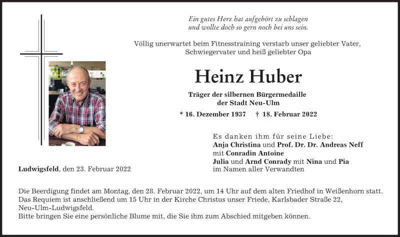 Traueranzeige von Heinz Huber von Augsburger Allgemeine, Neu-Ulmer Zeitung