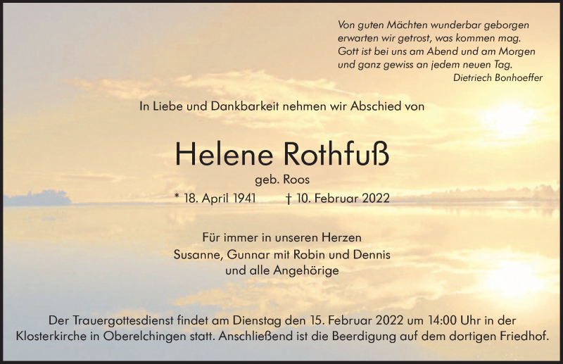 Traueranzeige von Helene Rothfuß von Augsburger Allgemeine, Neu-Ulmer Zeitung
