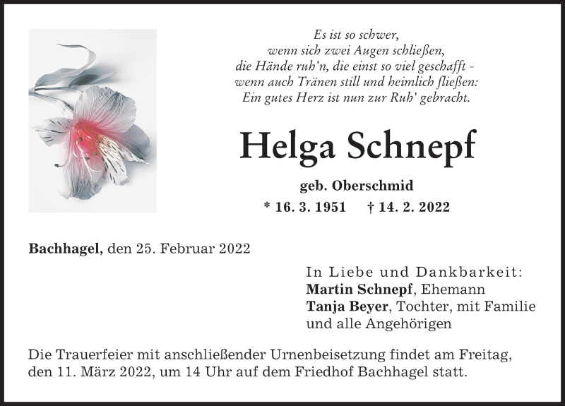  Traueranzeige für Helga Schnepf vom 25.02.2022 aus Donau Zeitung
