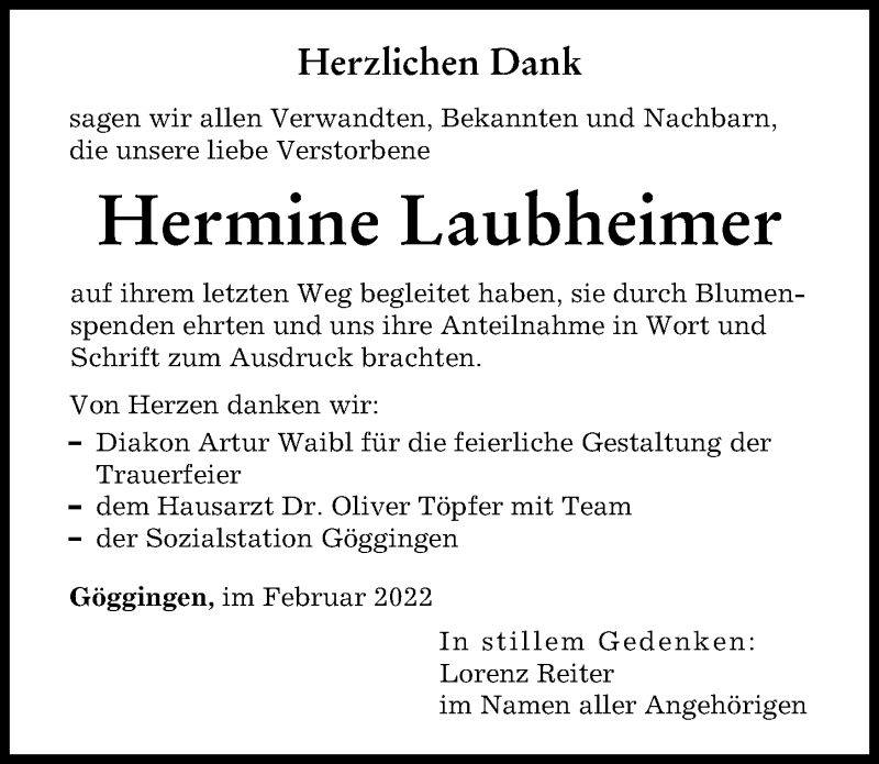 Traueranzeige von Hermine Laubheimer von Augsburger Allgemeine